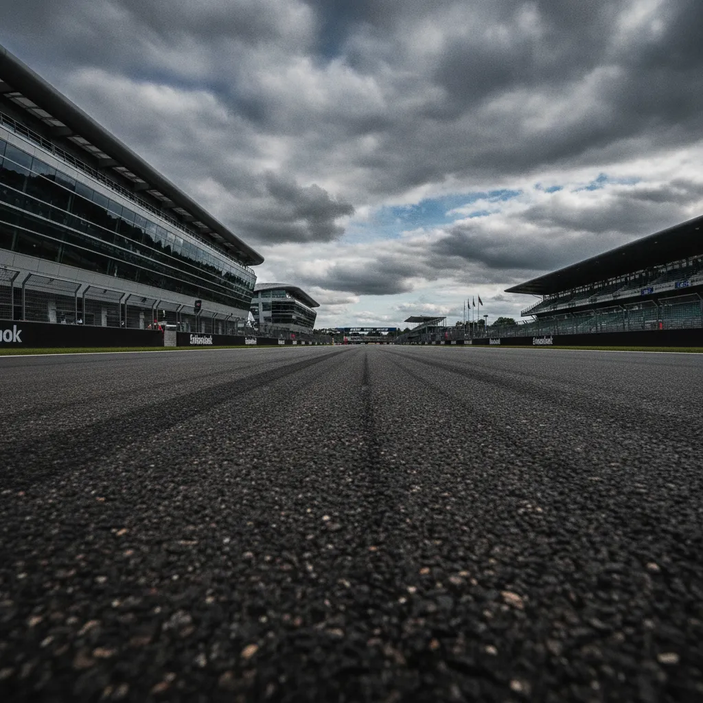 The modern 'Wing' pit and paddock complex stands over the main straight at an empty Silverstone circuit.
