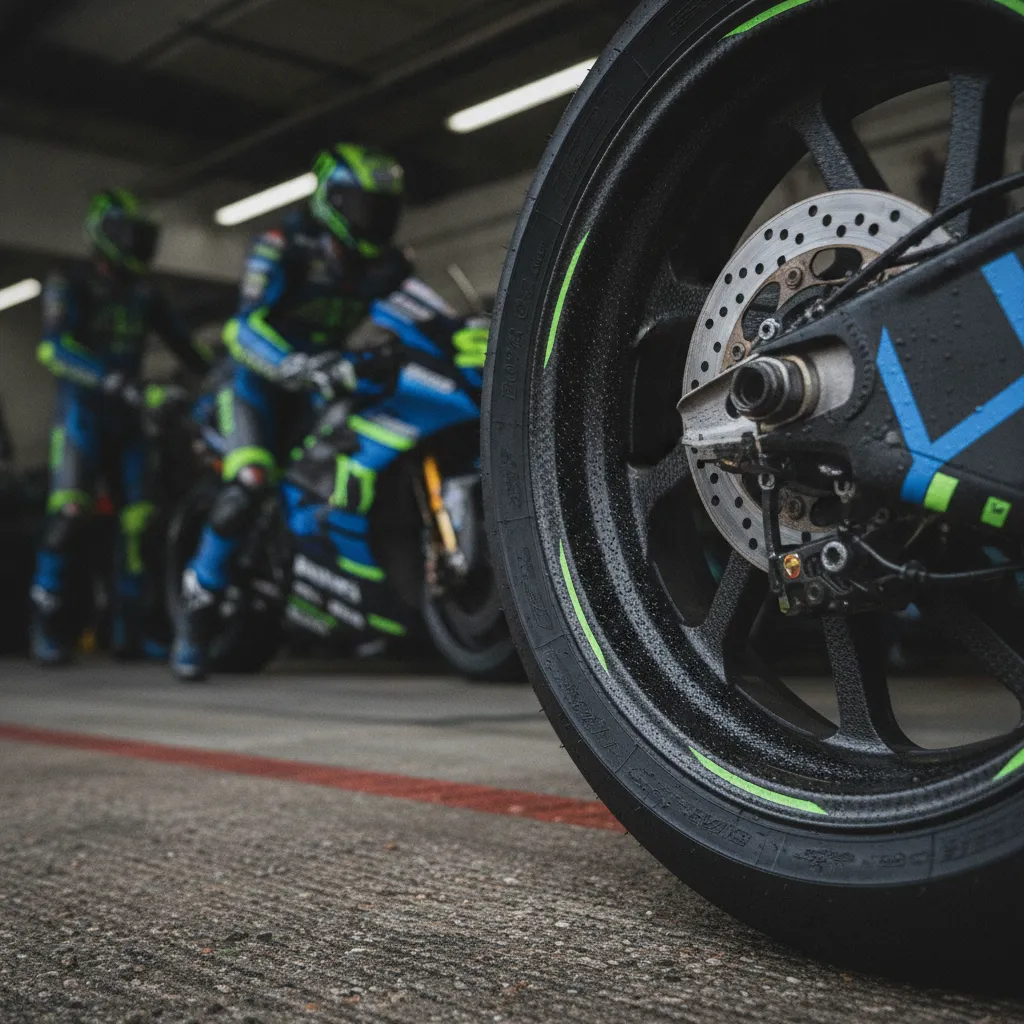 A detailed close-up of a grooved wet-weather MotoGP tyre, designed for racing in the rain.
