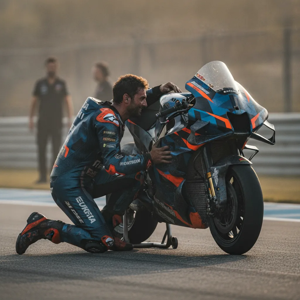 A victorious MotoGP rider shares a quiet moment of celebration with his team in the parc fermé area after a race.