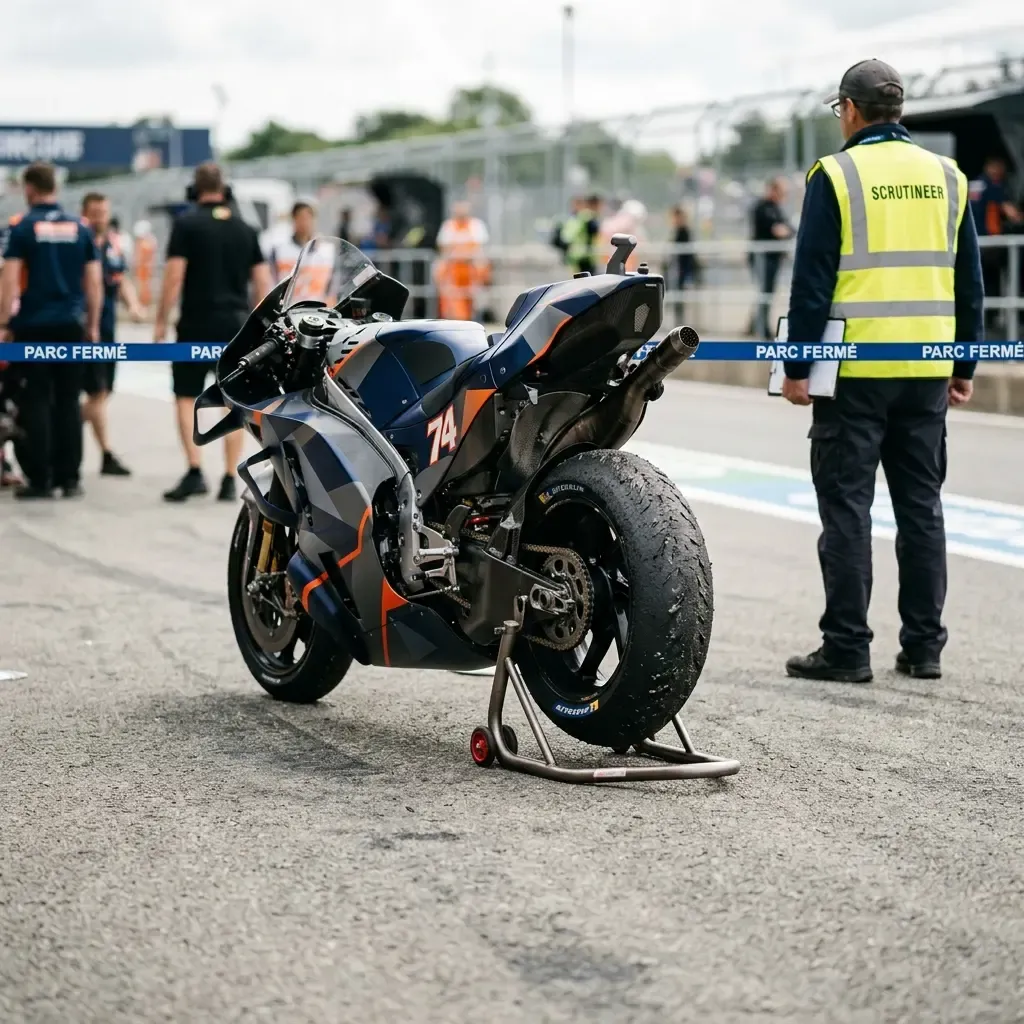 A victorious MotoGP rider shares a quiet moment of celebration with his team in the parc fermé area after a race.