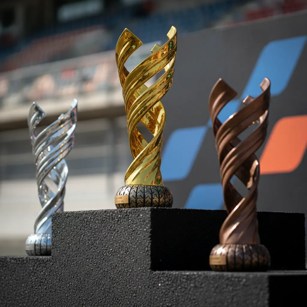 The three gleaming trophies for first, second, and third place arranged on the steps of the MotoGP podium.