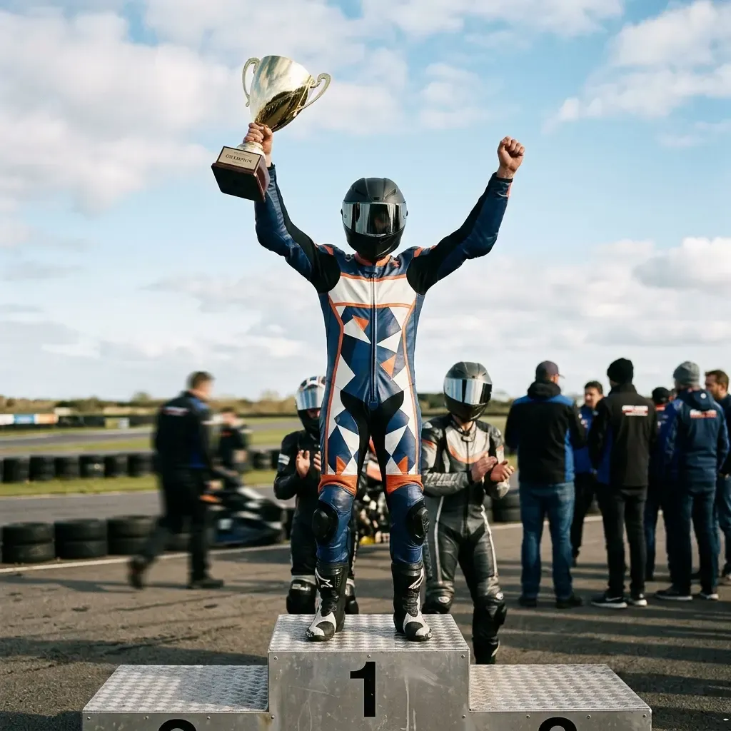 The winning rider stands alone on the highest step of the podium, proudly lifting his gold trophy towards the sky.