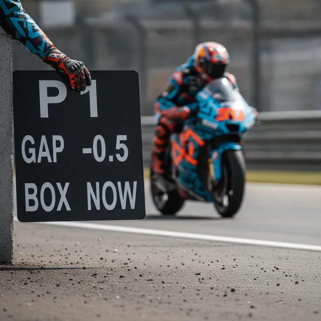 A mechanic holds a pit board with instructions for a rider over the pit wall during a MotoGP race.