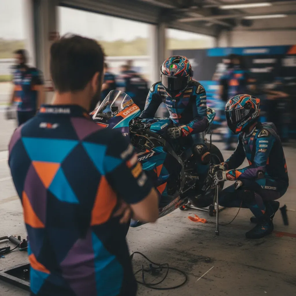 A team manager discusses technical details with two mechanics working on a MotoGP bike in the team garage.