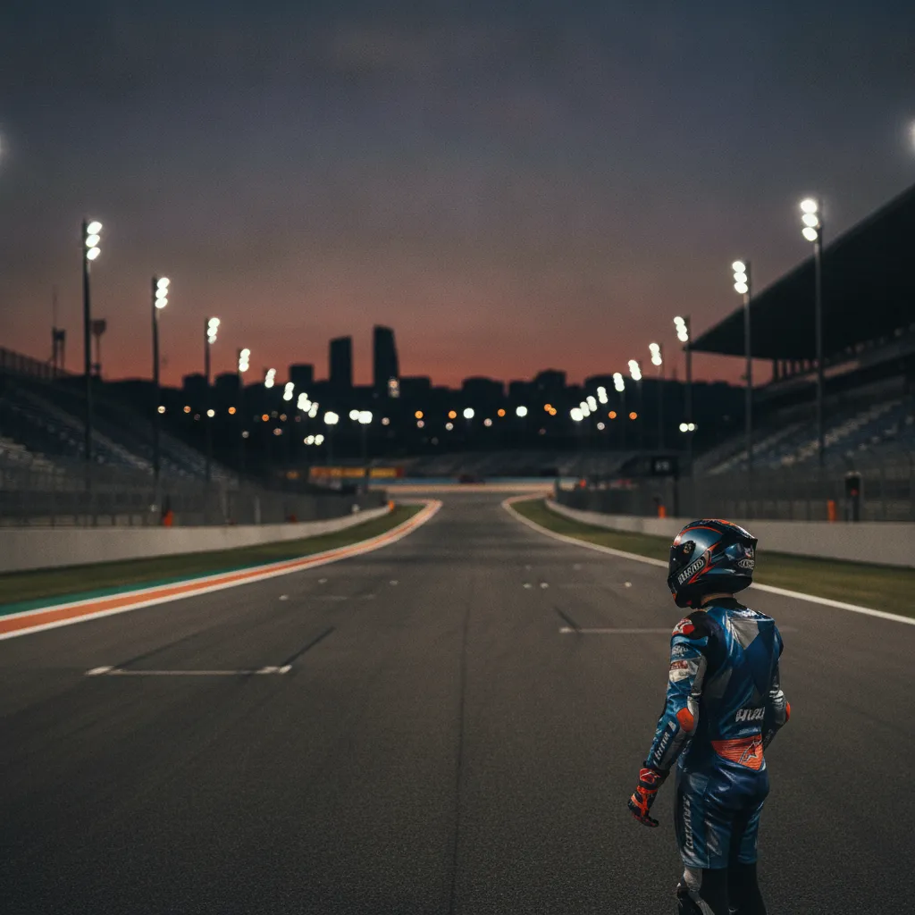 A lone MotoGP rider leans their motorcycle at an extreme angle while navigating a fast corner on a race track.