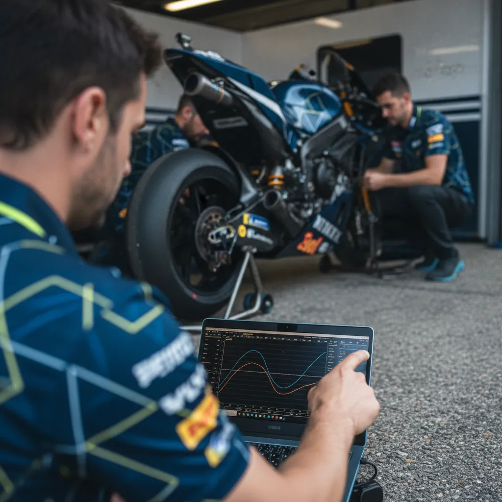 Inside a busy MotoGP garage, a crew chief analyses data while mechanics work on the race bike.
