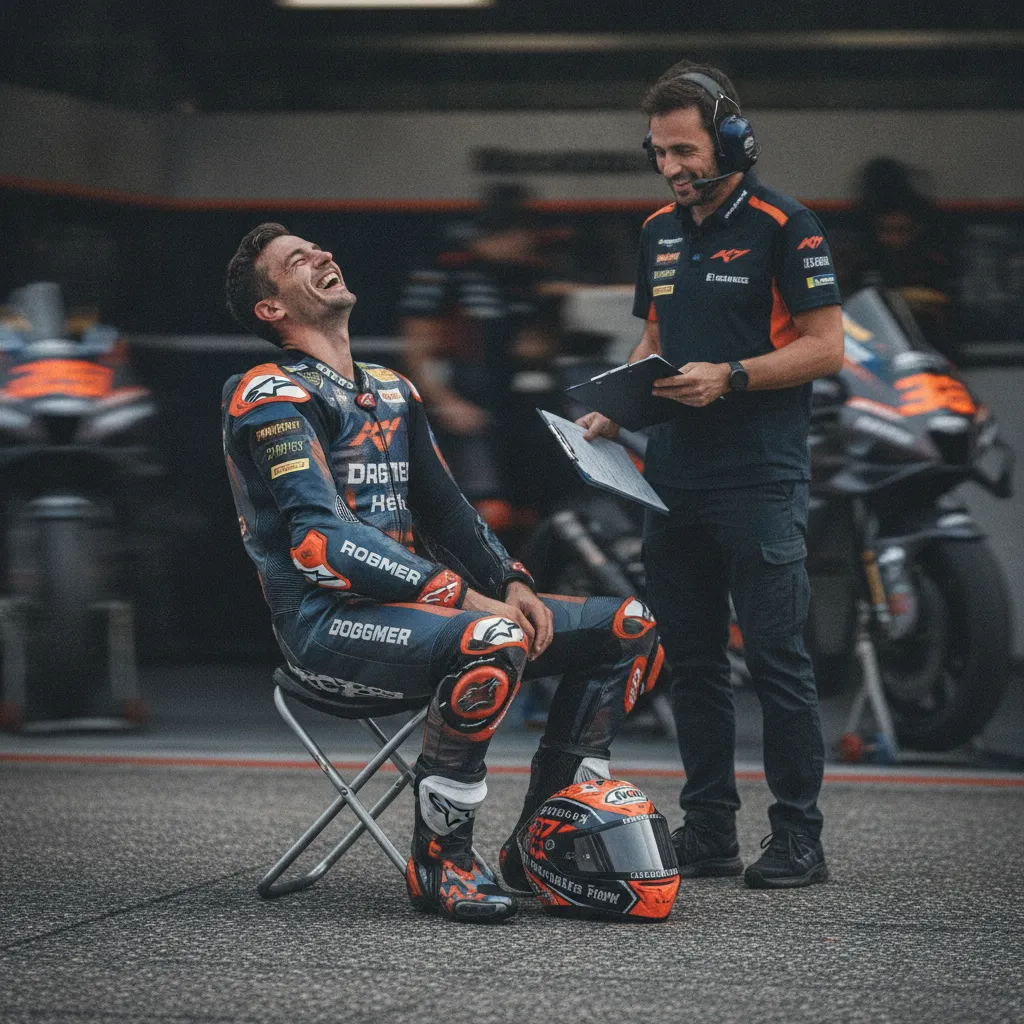 A MotoGP rider and his crew chief share a relaxed moment together in the paddock, highlighting their strong personal bond.