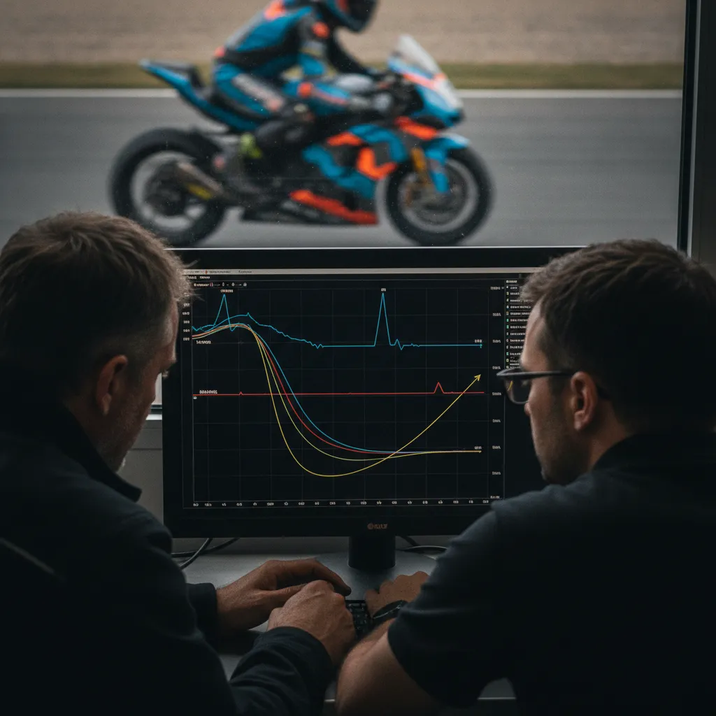 A close-up of a computer screen in the MotoGP pits displaying complex bike telemetry data being analysed by the team.
