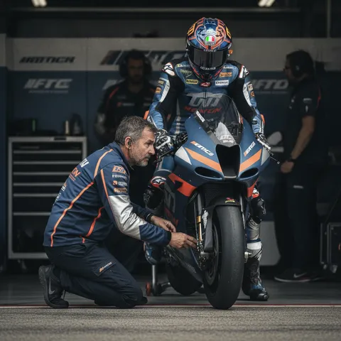 A MotoGP crew chief and rider deep in conversation in the pit lane, working together to find the perfect bike setup.