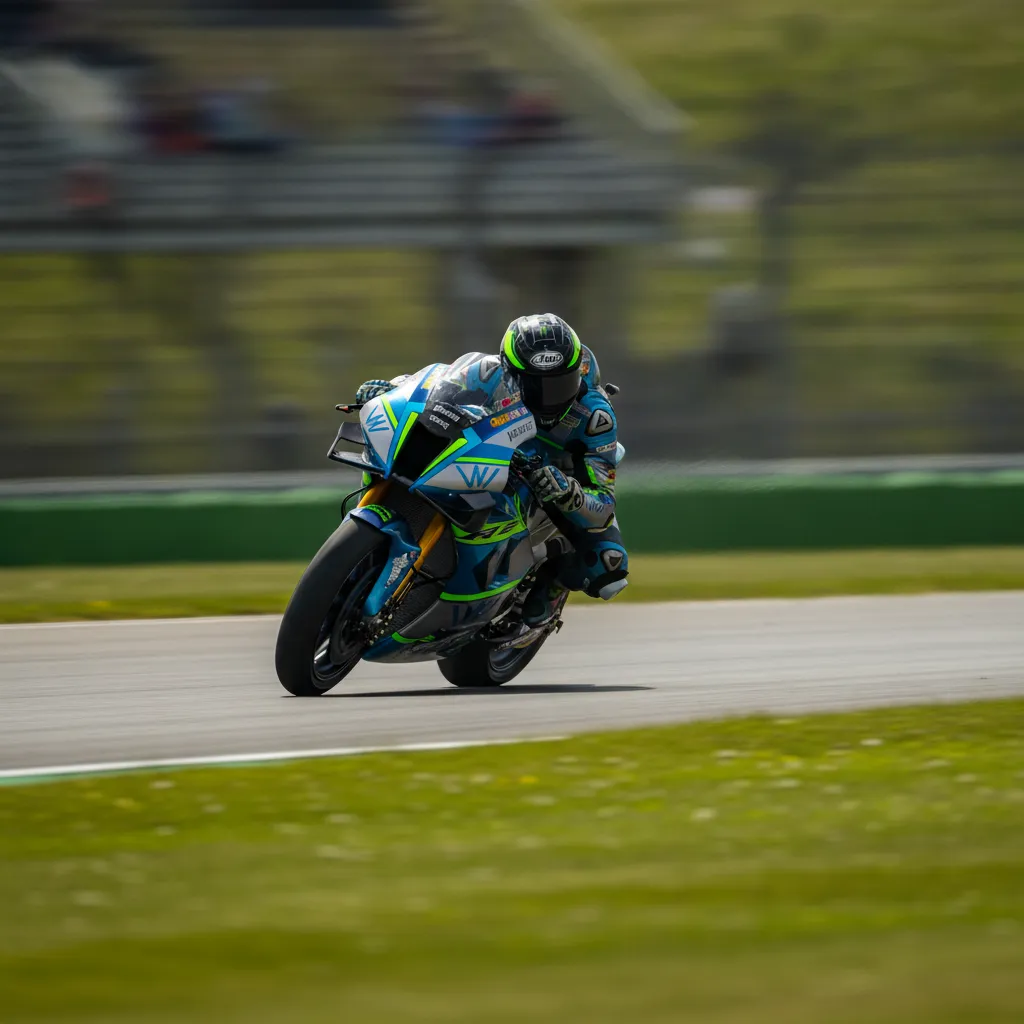 A lone MotoGP rider navigates one of Silverstone's fast, sweeping corners, seen from above.