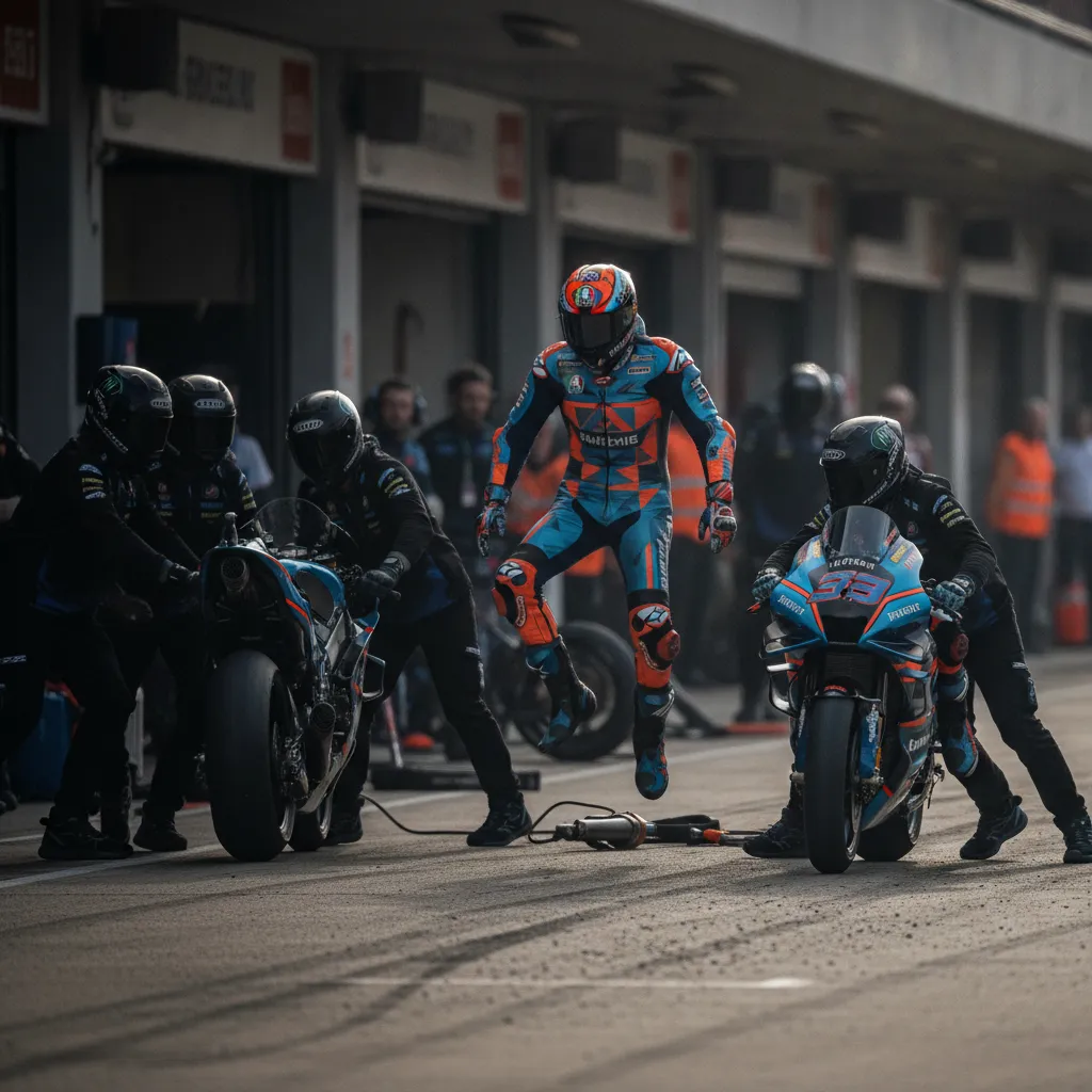 A tense scene in the pit lane as a MotoGP rider performs a rapid bike swap during a flag-to-flag race.