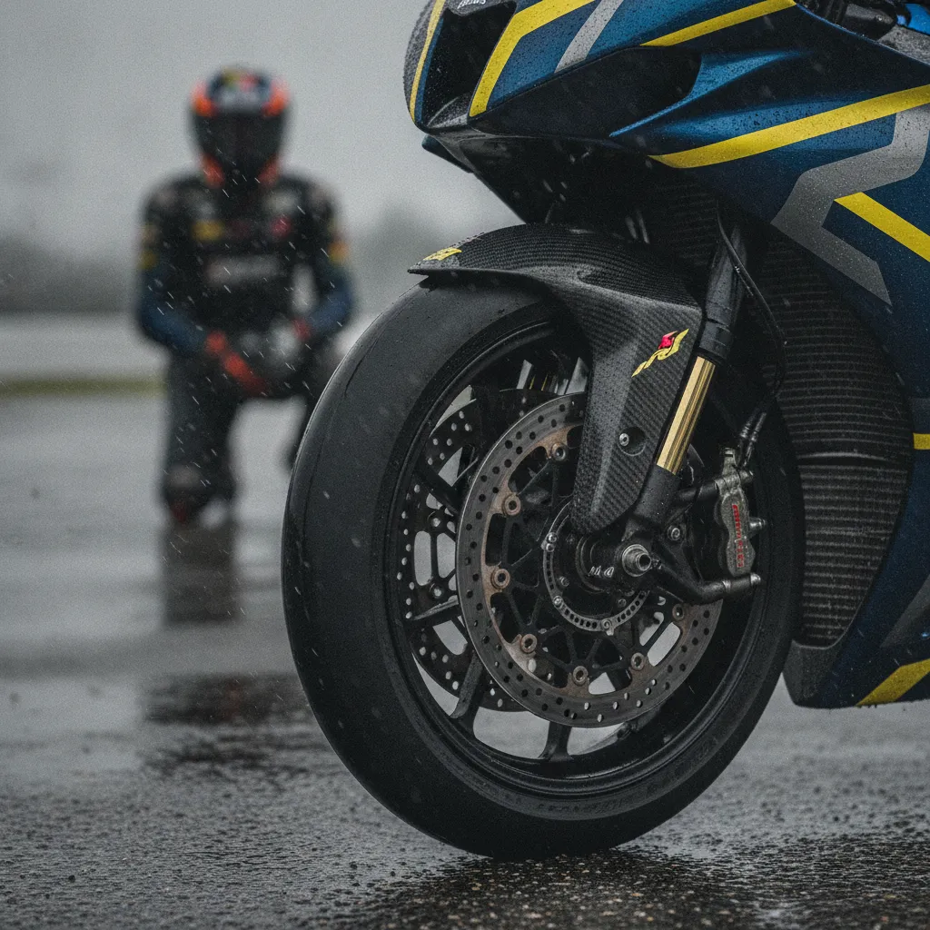 A detailed close-up of a MotoGP wet-weather tyre, covered in raindrops, highlighting the challenging conditions at Silverstone.