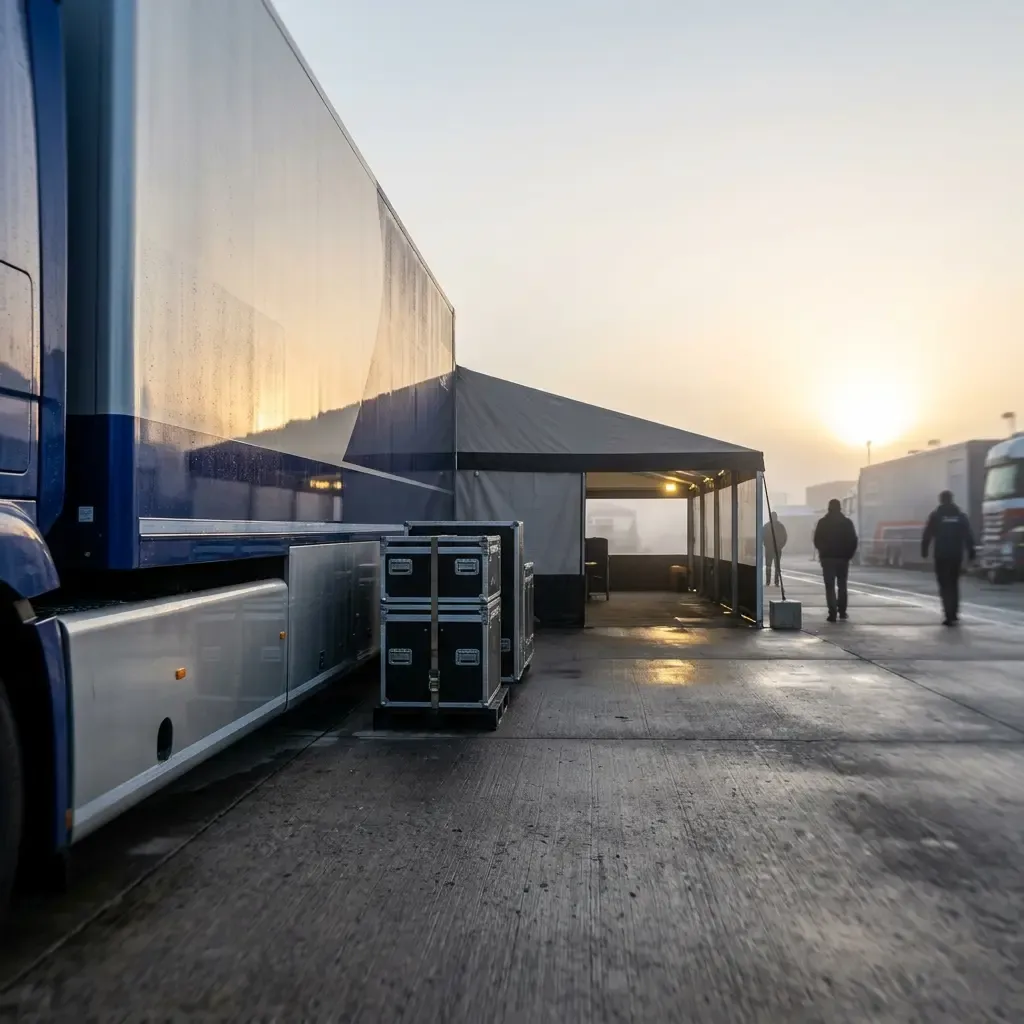 A wide-angle, atmospheric shot of the MotoGP paddock at sunrise. A massive, sleek race transporter with a prominent but 