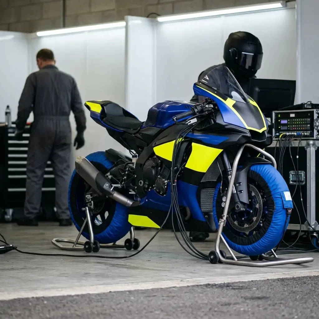A dynamic action shot from the perspective of the pit wall. A crew member in a plain blue firesuit leans over the wall, 