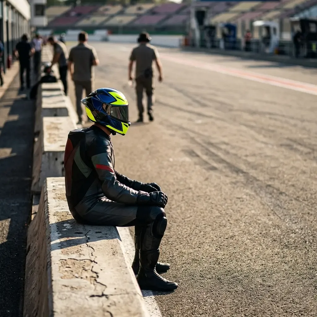 A quiet, reflective, behind-the-scenes moment in the Trackhouse garage after the track has gone silent. Two team members