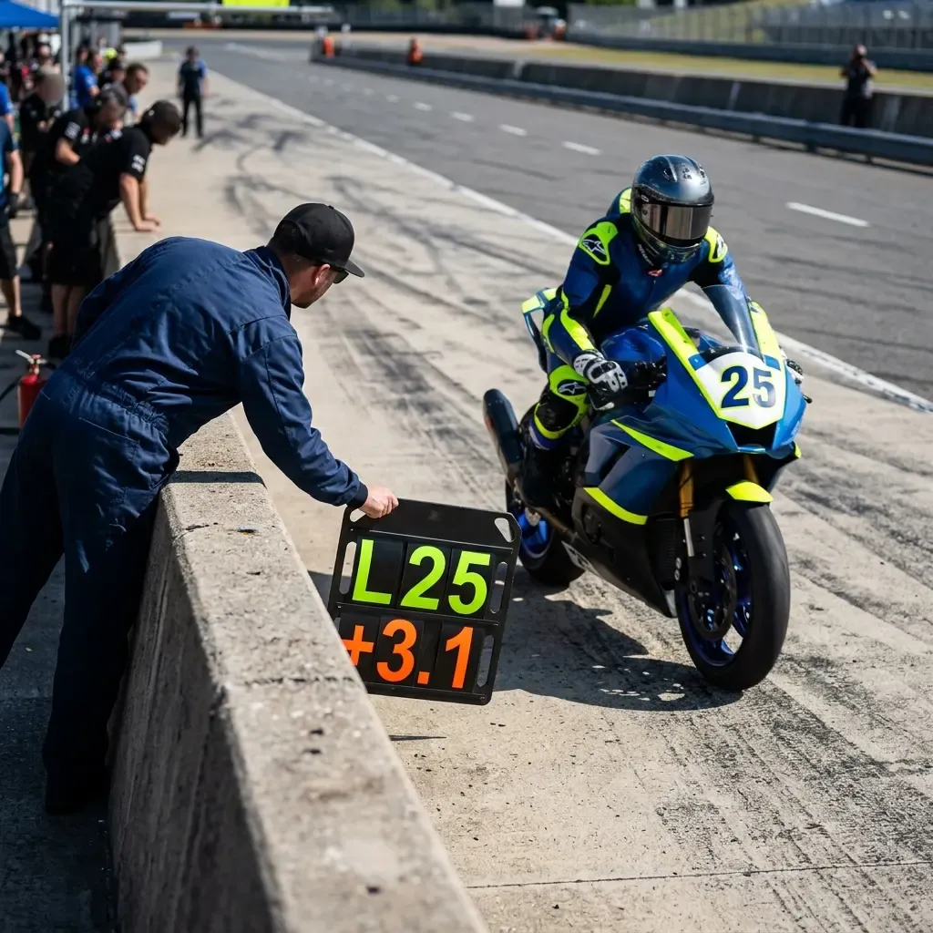 Illustration for our team orders story: a team mechanic leans over the pit wall displaying a pit board.