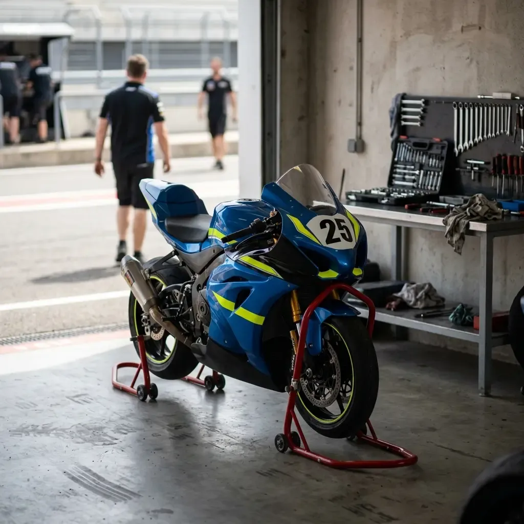 Illustration for our team orders story: a racing bike resting on stands in an open pit box.