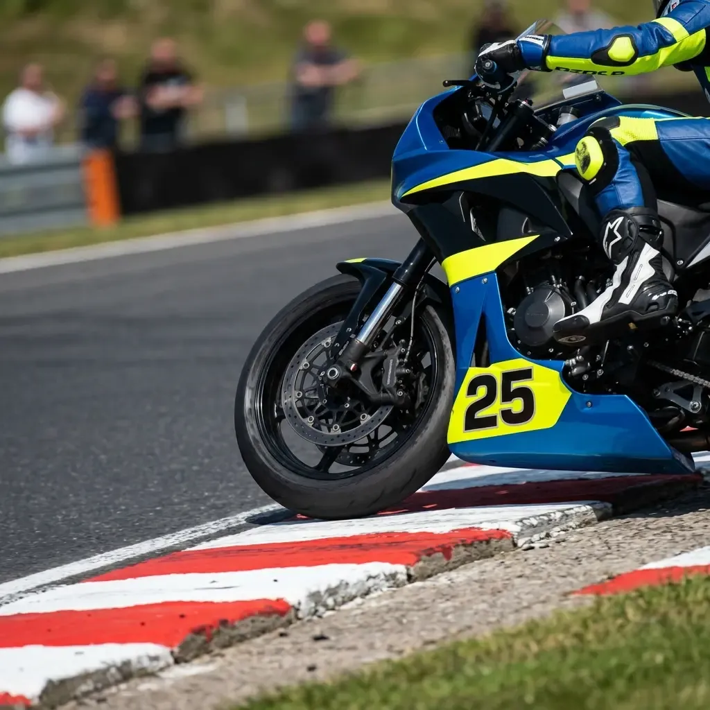 Illustration for our team orders story: a racing motorcycle wheel alongside trackside kerbing.