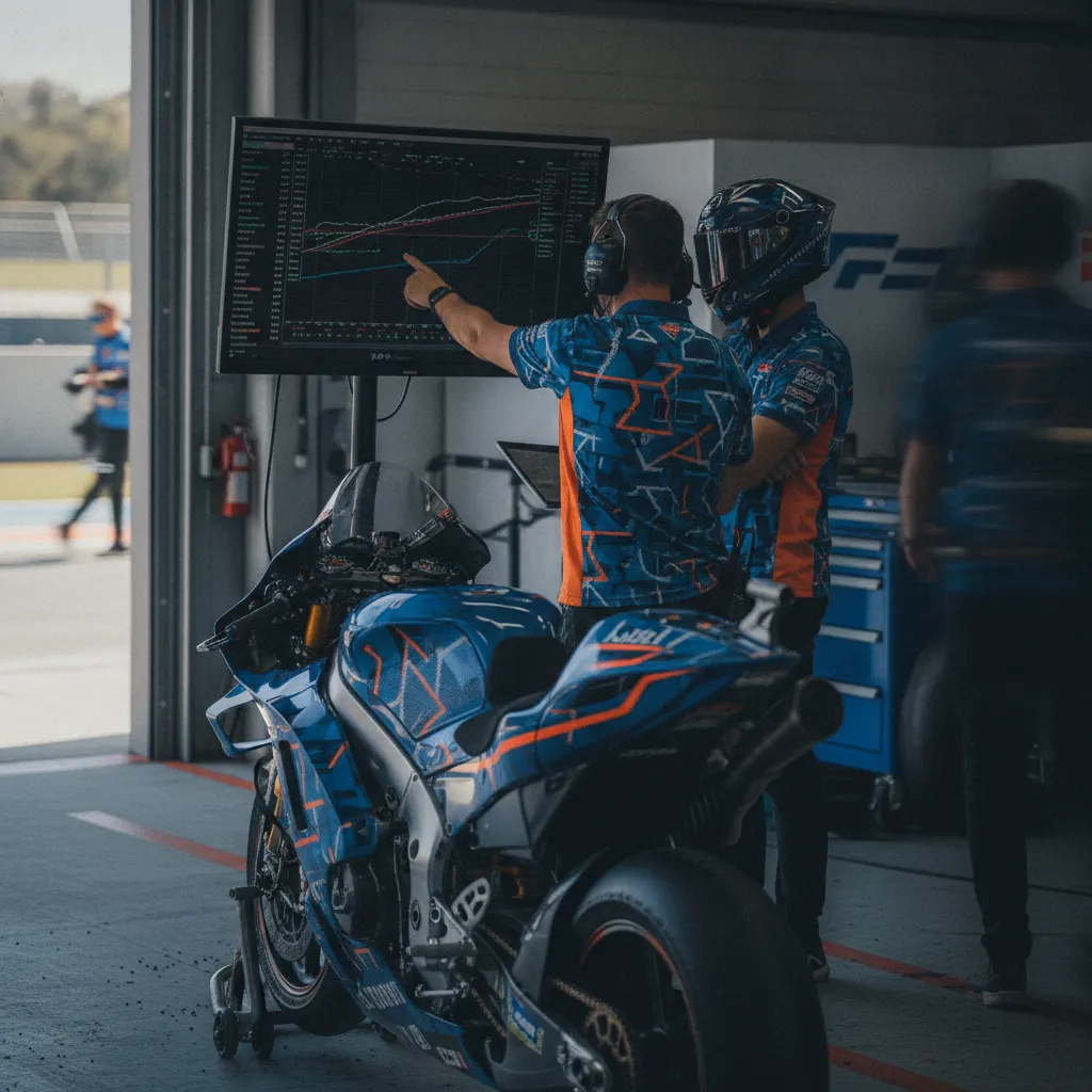 A MotoGP crew chief and engineers studying performance data on a screen inside their pit garage.