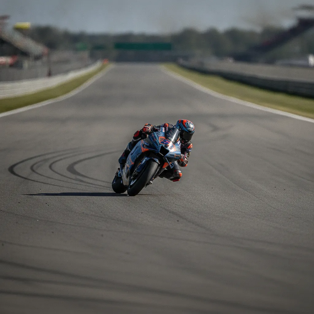 A lone MotoGP rider accelerates out of a corner, leaving a dark tyre mark on the race track behind him.
