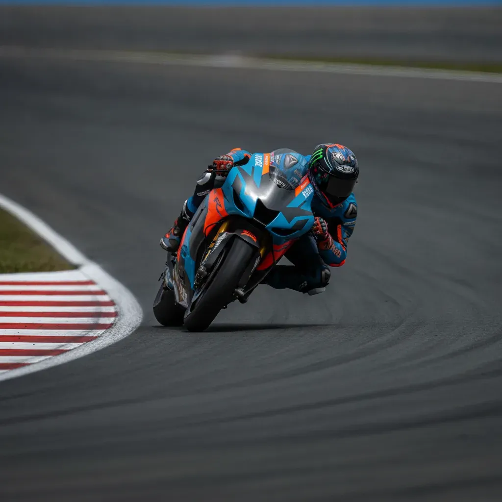 A MotoGP motorcycle travelling at high speed down a long circuit straight, with the background blurred to show motion.
