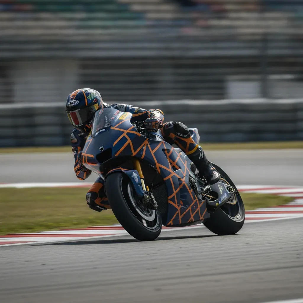 A MotoGP rider leans their bike at an extreme angle while navigating a tight and technical series of corners.
