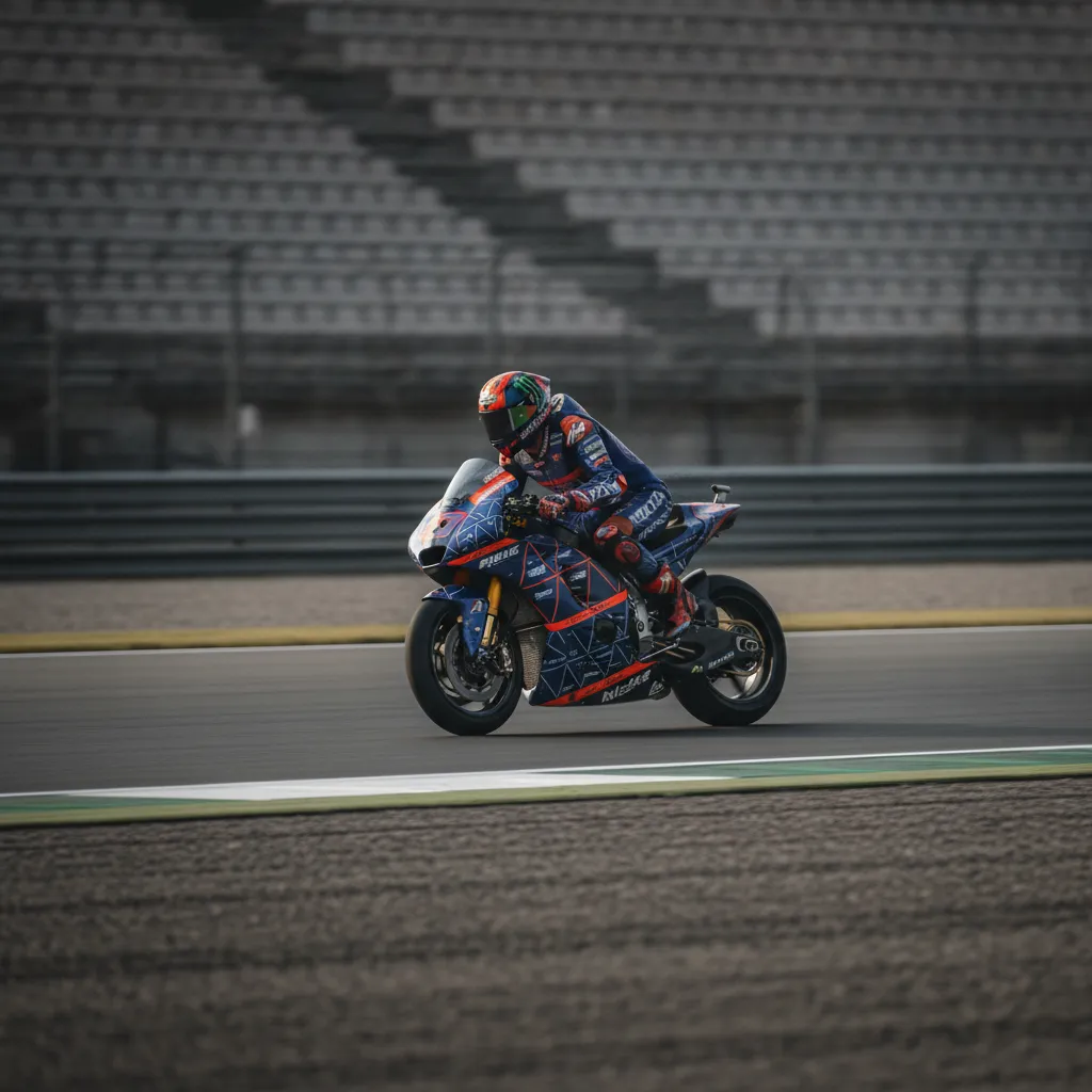 A MotoGP rider completes a steady lap on an empty track during the Sunday morning warm-up session.
