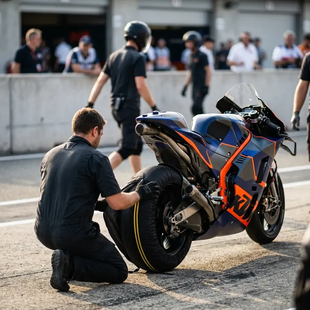 A mechanic removes a tyre warmer from a MotoGP bike's rear wheel, preparing it for the track.