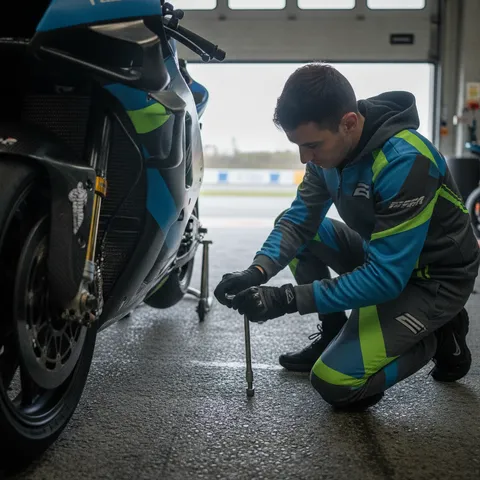 A mechanic makes a final technical adjustment to a MotoGP bike inside the team garage before the race.