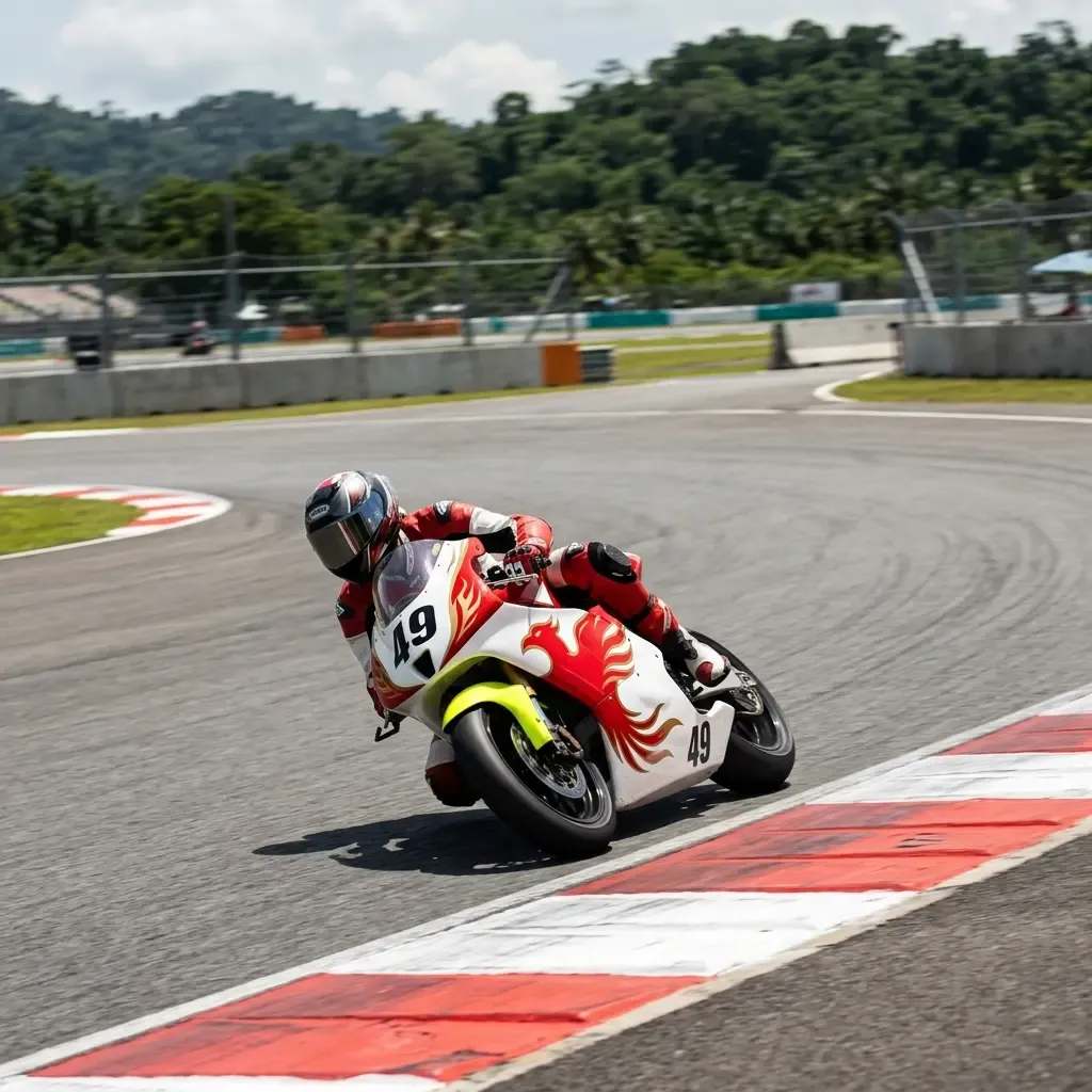 Illustration for our VR46 Indonesian GP livery story: a rider cornering through a bend on track