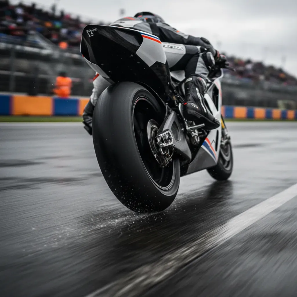 A dynamic, low-angle action shot of a prototype race bike on a damp track. The intermediate tyre is the focus, kicking u
