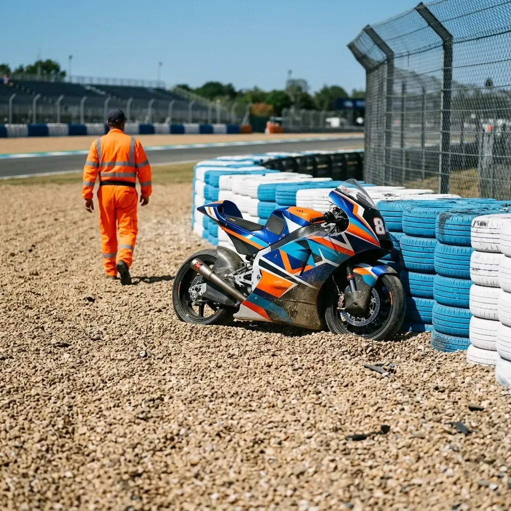 A wide shot of a MotoGP corner. In the gravel trap to the right, a rider in unbranded leathers is slowly getting to thei