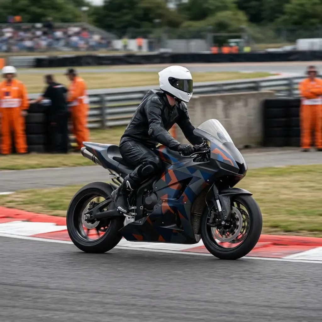 A low-angle action shot from behind a line of three anonymous prototype race bikes navigating a chicane. They are clearl