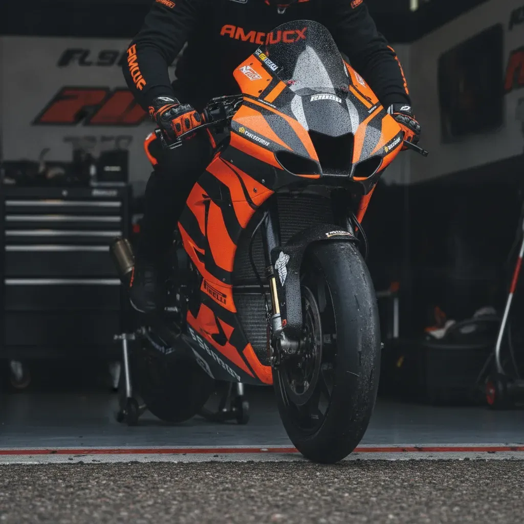 A close-up of a MotoGP mechanic's hands holding the second bike steady during a pit stop.