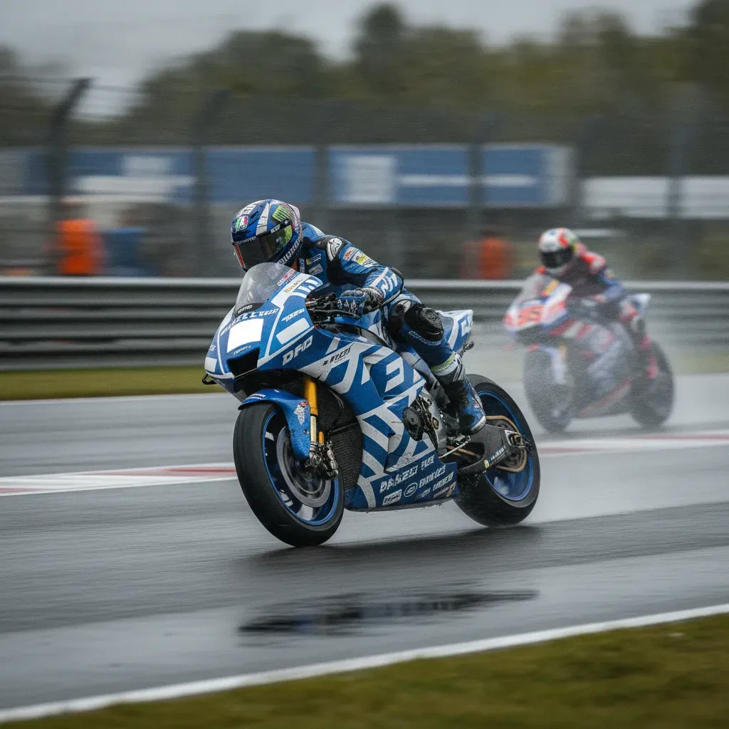 A MotoGP rider on a wet track accelerates out of the pit lane, rejoining the race ahead of a rival.
