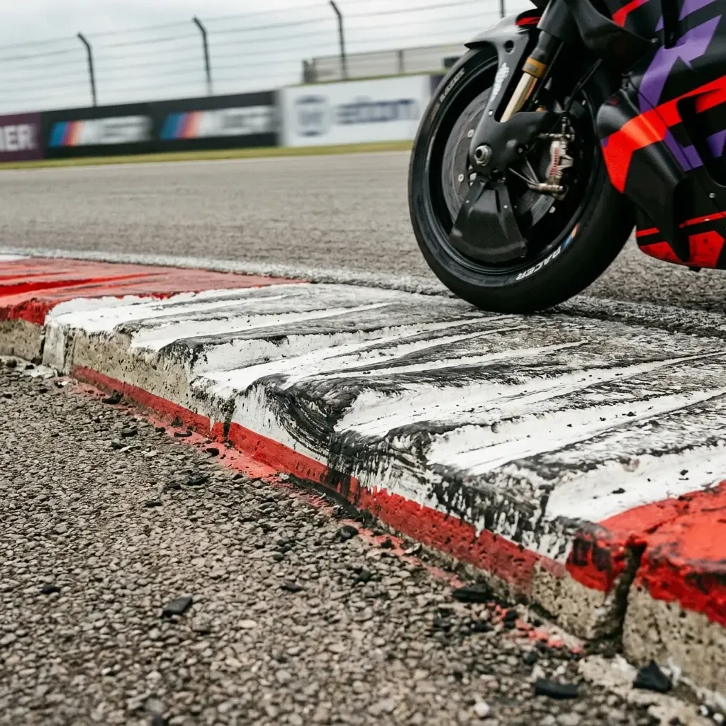 A close-up photograph of the painted kerb at the apex of a corner on a racetrack.