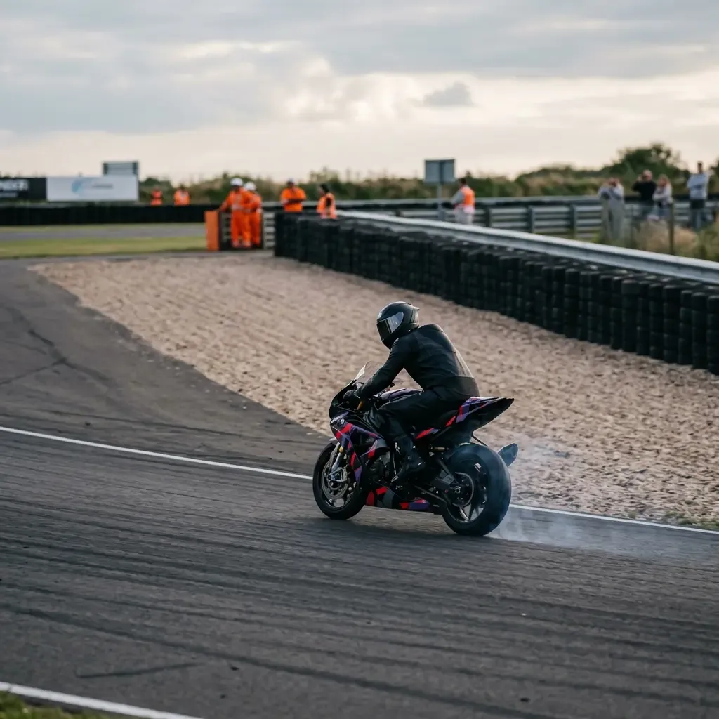 A MotoGP rider runs off the track and into the gravel trap after misjudging a chicane.