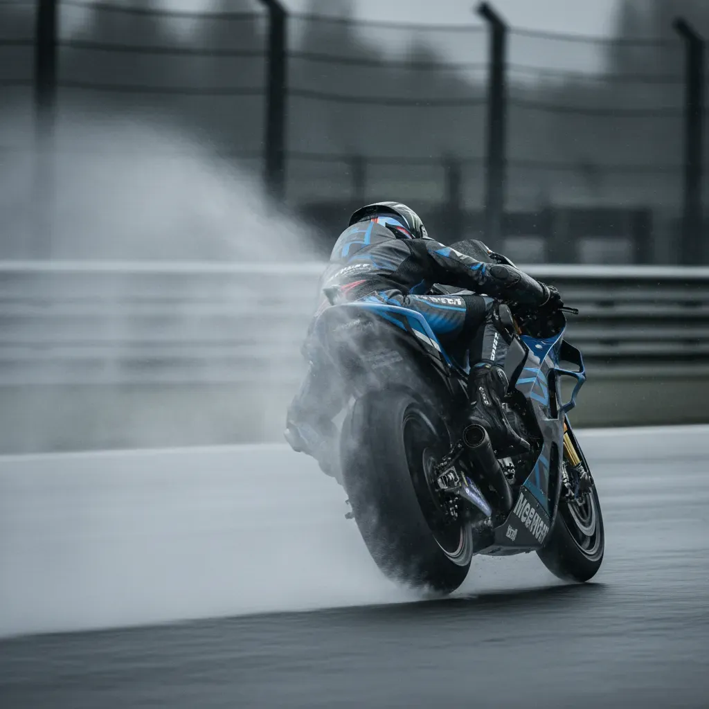 A powerful telephoto shot from behind a MotoGP bike on a soaking wet track. The bike, equipped with rain tyres, is kicki