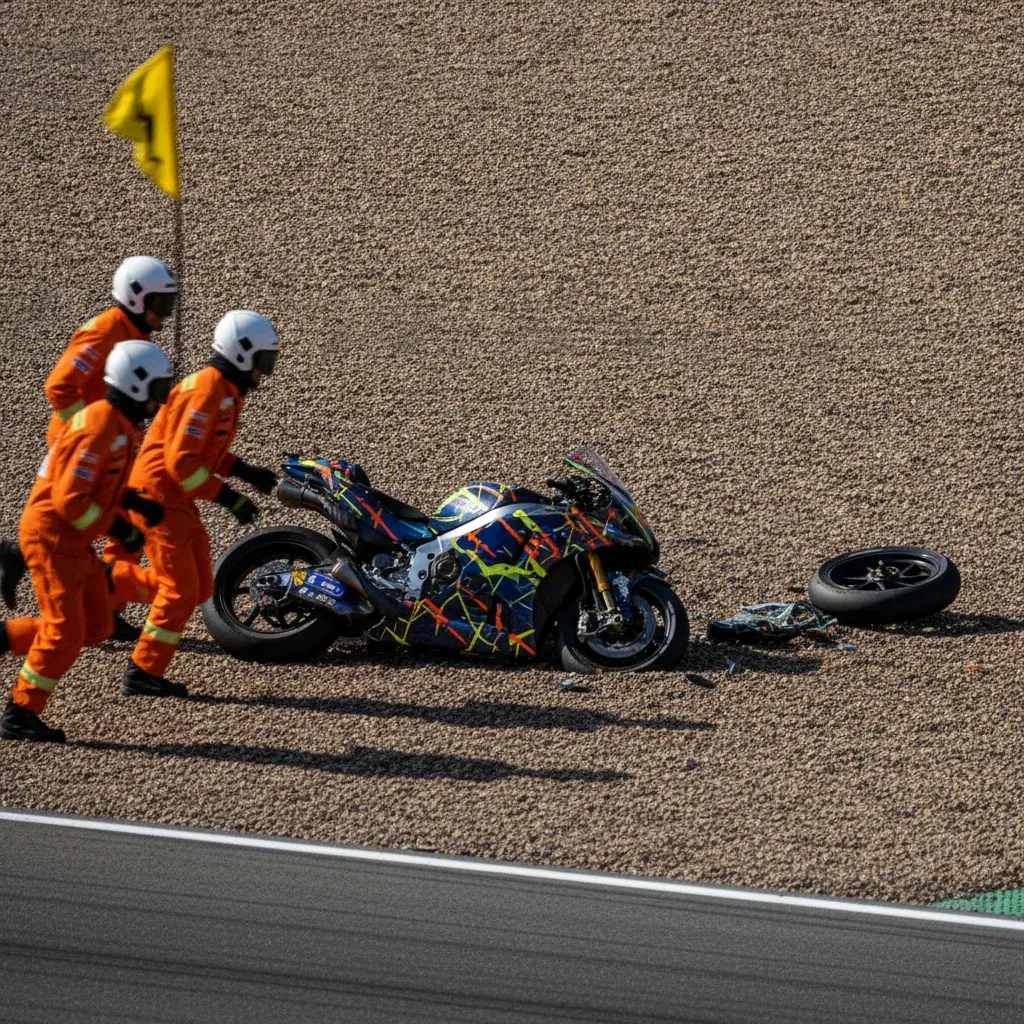 The aftermath of a crash, showing a damaged MotoGP bike stranded in the gravel run-off area of a circuit.