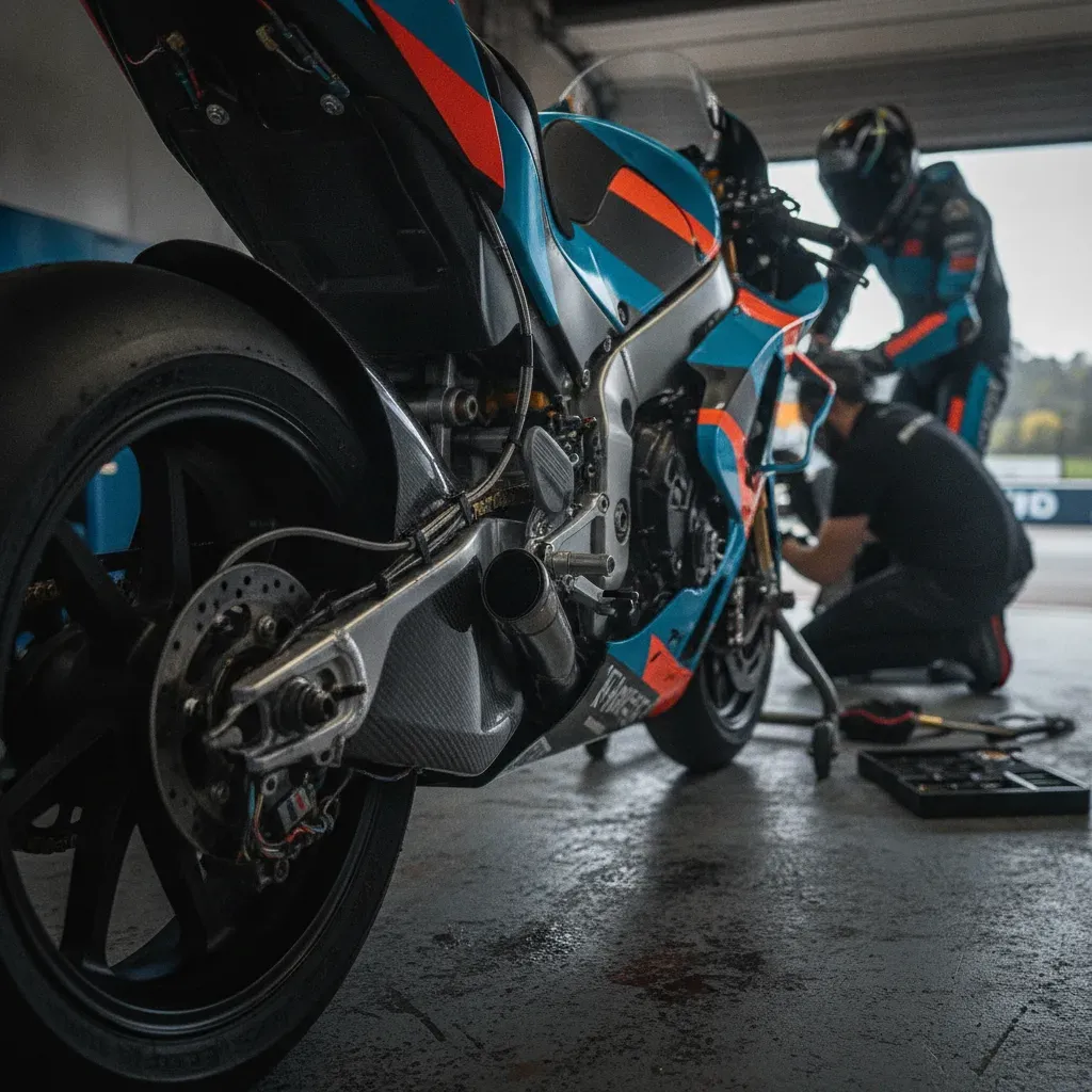 A detailed technical shot of the rear wheel assembly of a MotoGP bike, showing the advanced technology involved.