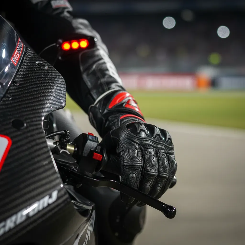 An intense, close-up shot of a MotoGP rider's gloved hand hovering over the clutch lever on the starting grid. The five 