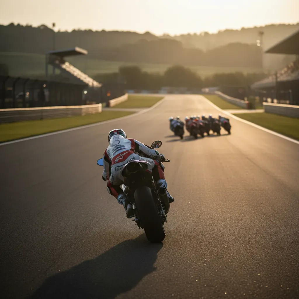 An atmospheric shot from behind a lone MotoGP rider who has successfully taken the holeshot. The bike is exiting the fir