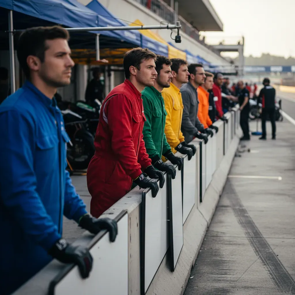 A tense, candid shot from within the pit lane, looking down the line of the pit wall. Several mechanics in different col
