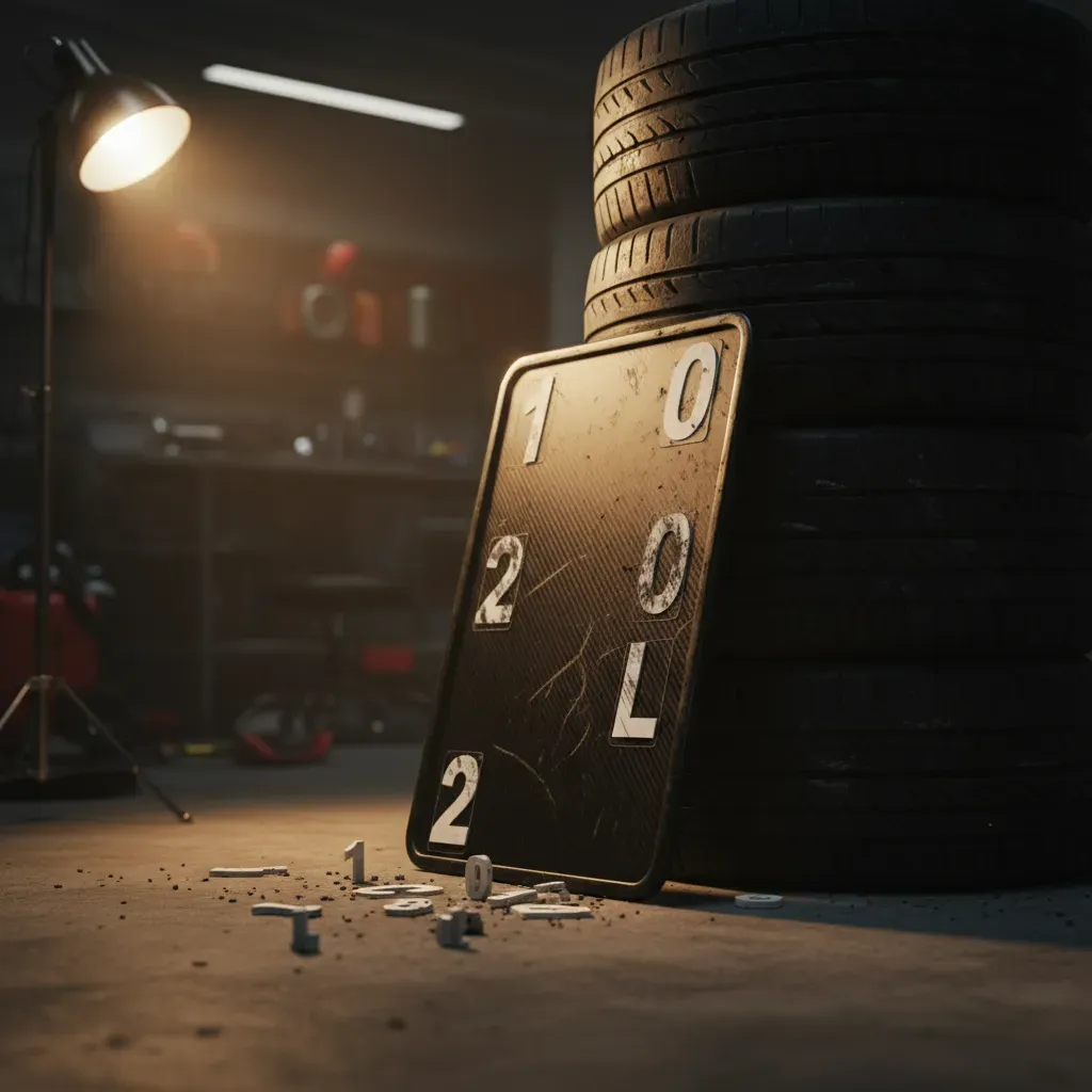 An atmospheric, quiet moment after the race. Inside a dimly lit garage, a single pit board leans against a stack of tyre