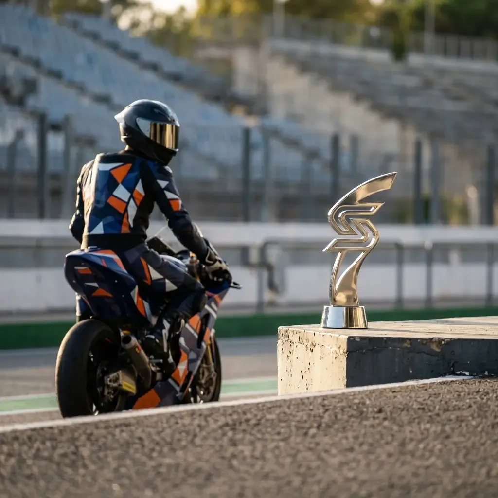 The winner of a MotoGP Sprint Race is presented with a unique trophy on the podium.