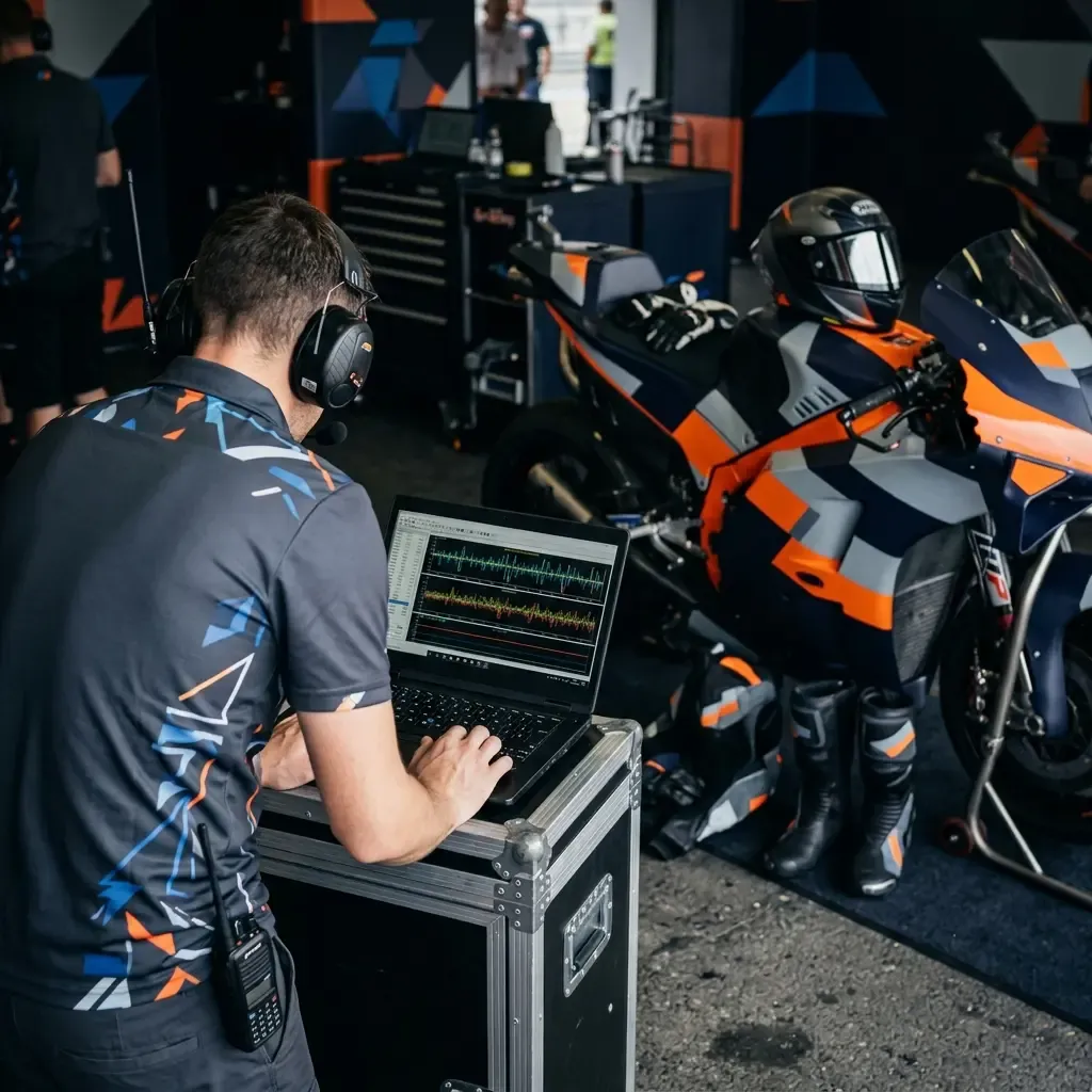 A MotoGP rider and his engineer analyse data in the pit garage following a Sprint Race.