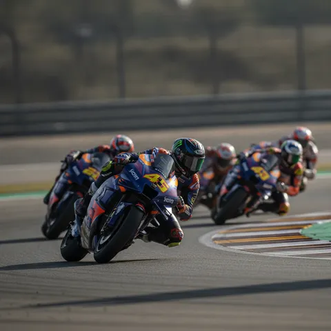 A pack of MotoGP motorcycles leaning hard into the first corner during a frantic Sprint race.