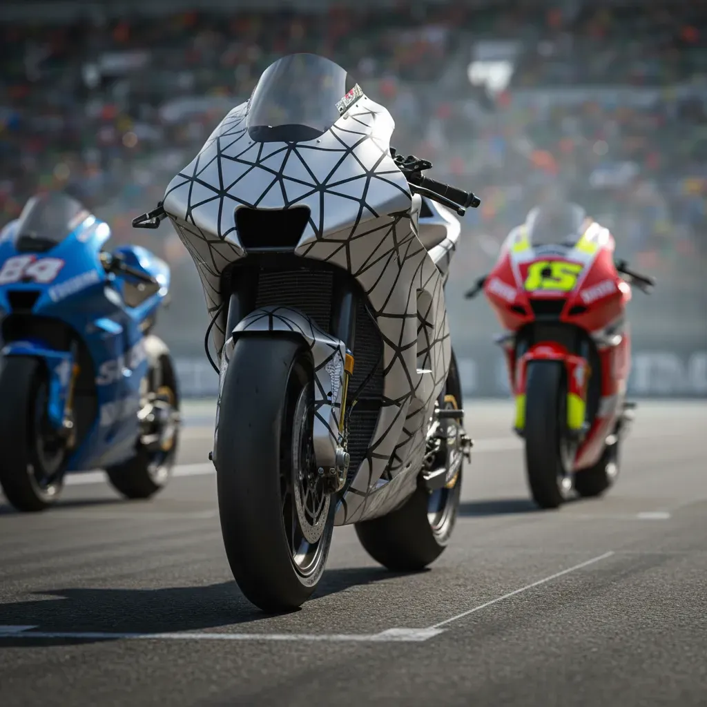 A tight, ground-level shot on a MotoGP starting grid, focusing on the front wheel and fairing of a wildcard's bike. The