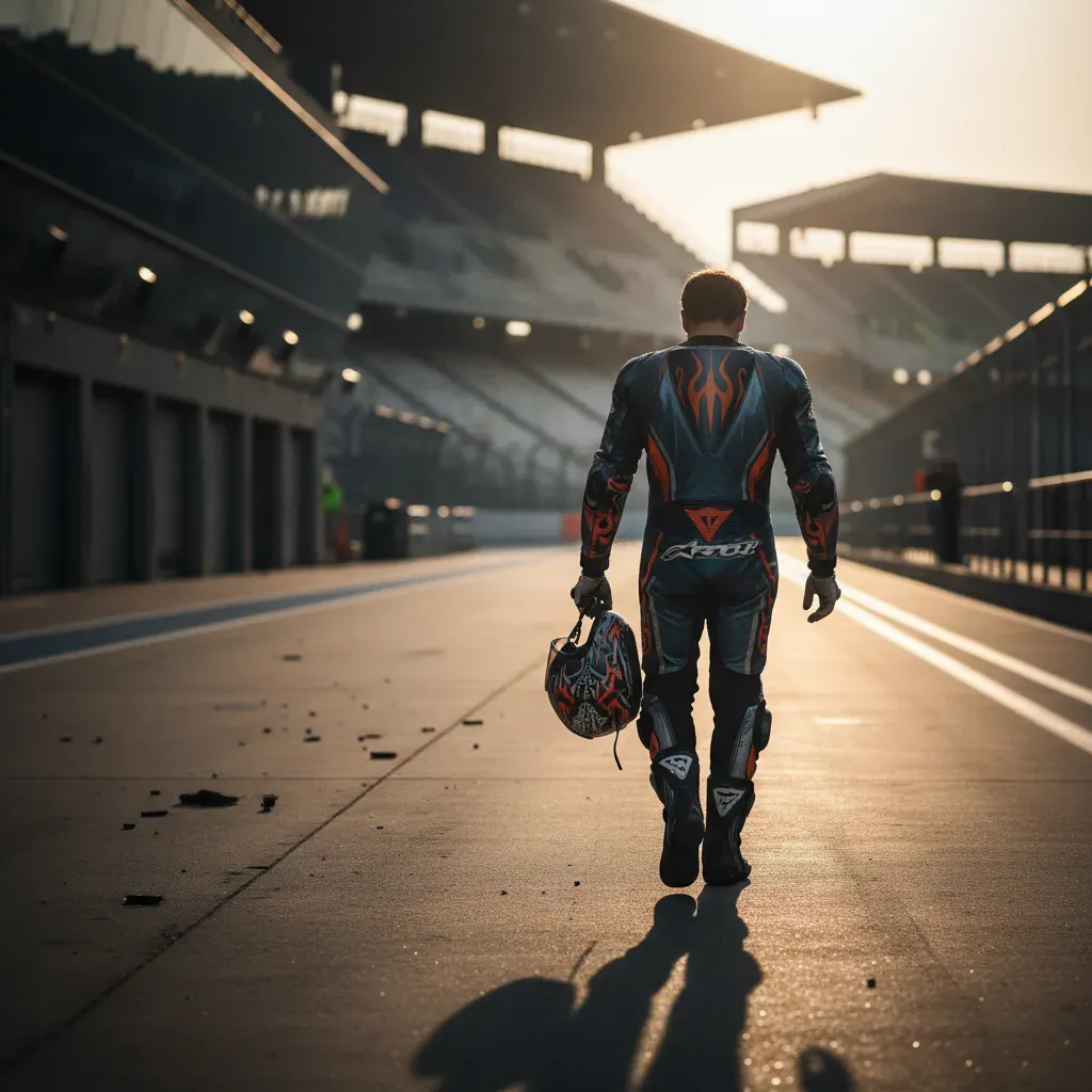 An atmospheric shot from behind a wildcard rider walking slowly down an empty pit lane after the race as the sun sets. T