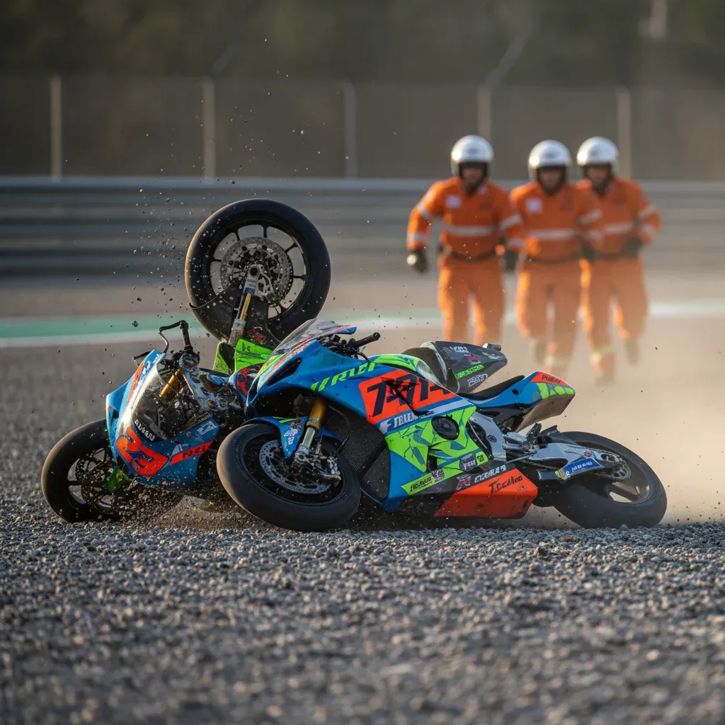 The immediate aftermath of a multi-bike pile-up in a gravel trap. Two brightly coloured, generic race bikes are tangled 